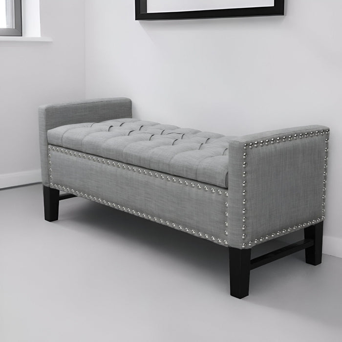 Upholstered Linen Bench With Flip Top - Light Gray / Black