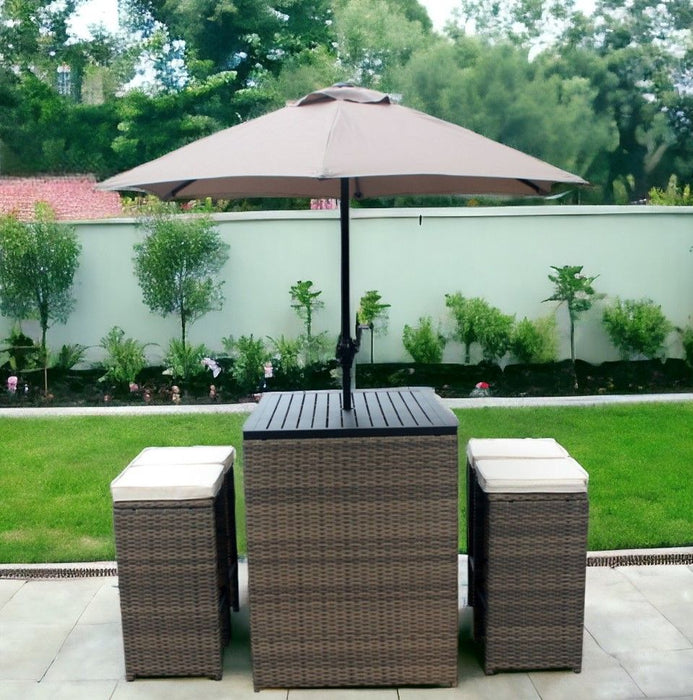 Six Piece Faux Wicker Outdoor Bar Height Table Set With Umbrella And Stools - Brown / Tan