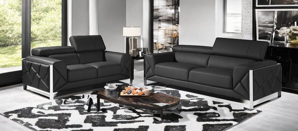 2 Piece Italian Leather Indoor Five Person Seating Set - Dark Gray