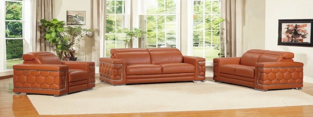 Three Piece Indoor Italian Leather Six Person Seating Set - Camel