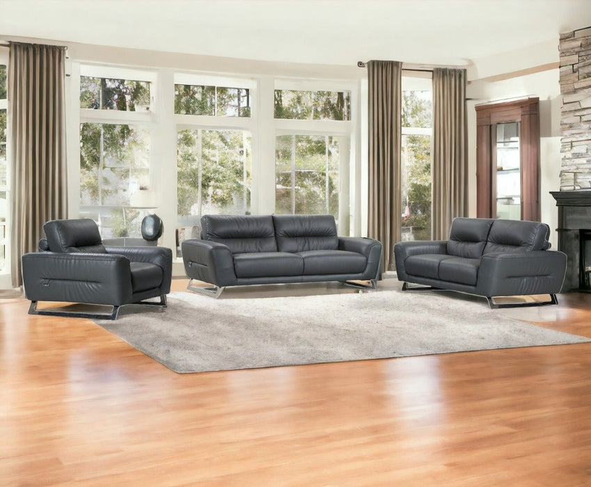 Three Piece Indoor Italian Leather Six Person Seating Set - Dark Gray