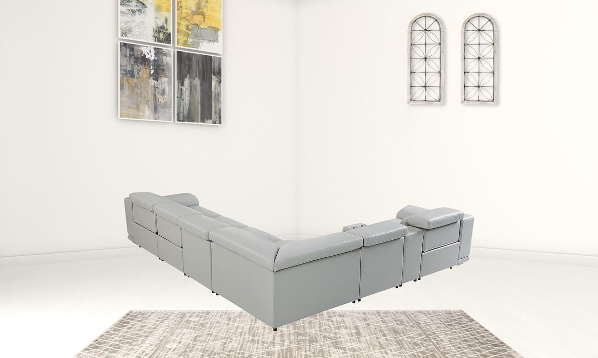 Italian Leather Power Reclining, U Shaped Seven Piece Corner Sectional With Console - Light Gray