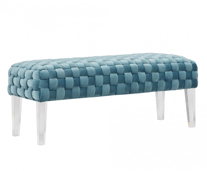 Rectangular Modern Textured Velvet Bench With Acrylic Legs - Light Teal