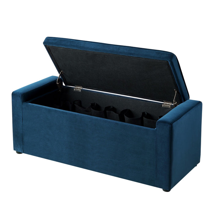 Upholstered Velvet Bench With Flip Top - Navy Blue / Black