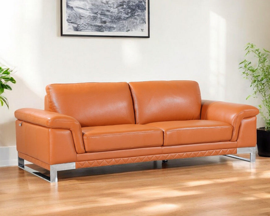 Italian Leather Sofa With Silver Legs - Orange