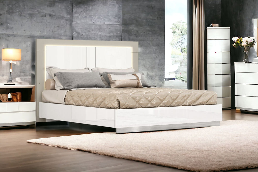 King High Gloss Bed Frame with LED Headboard - White / Taupe