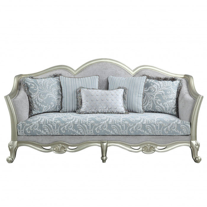 Linen Damask Sofa And Toss Pillows With Champagne Legs - Light Gray