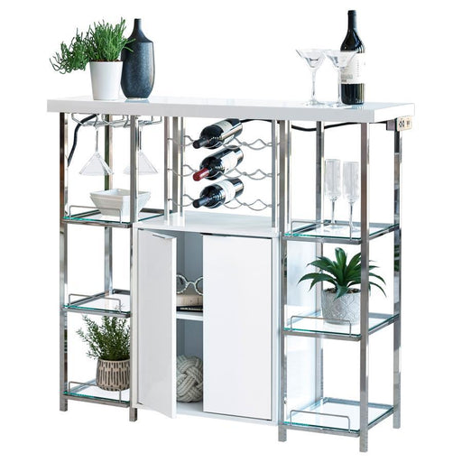 Gallimore - 2-Door Bar Cabinet With Glass Shelf - High Glossy White And Chrome - Simple Home Plus