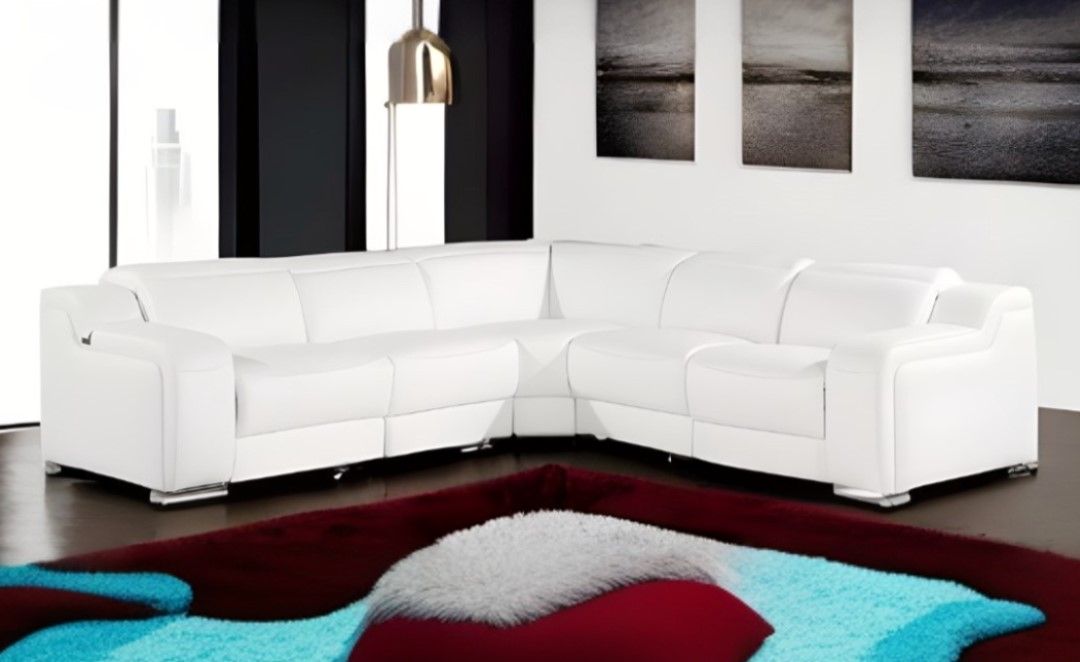 Italian Leather Power Reclining Five Piece L Shaped Corner Sectional - White