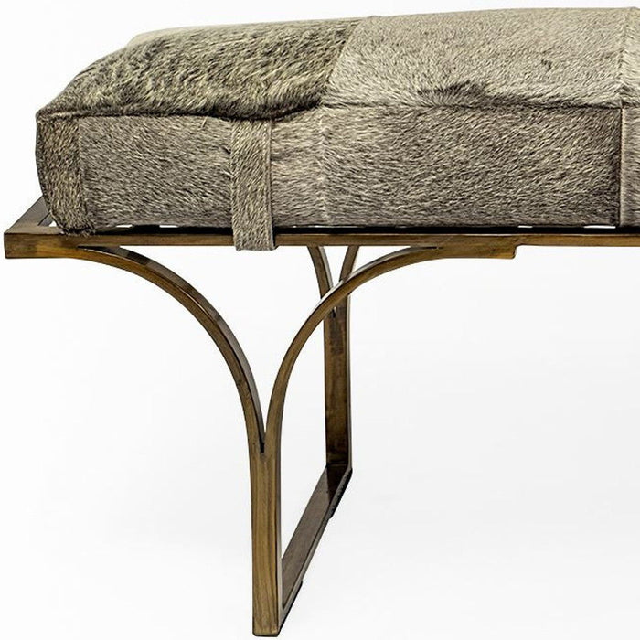 Upholstered Faux Fur Bench - Gray / Antiqued Brass