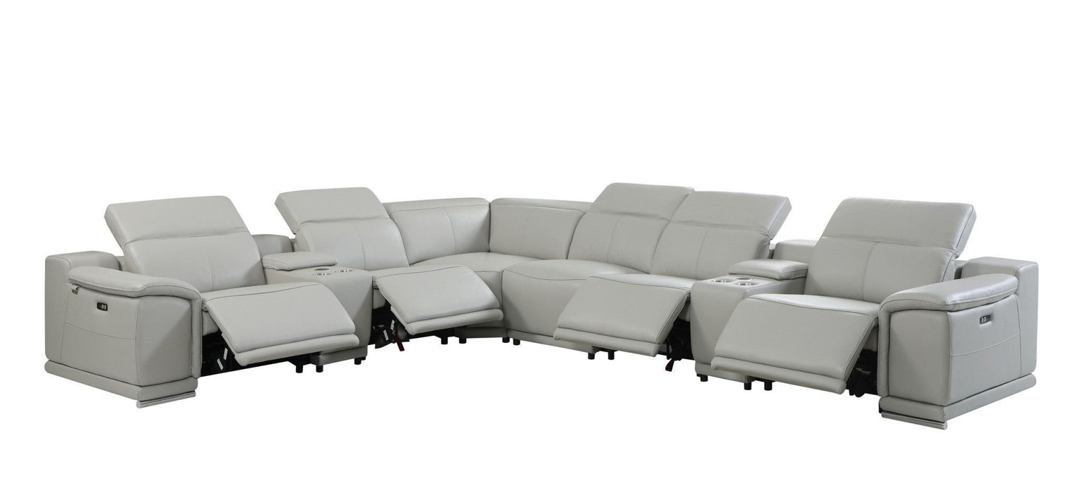 Leather Power Recline L Shape Eight Piece Corner Sectional With Console - Italian Light Gray