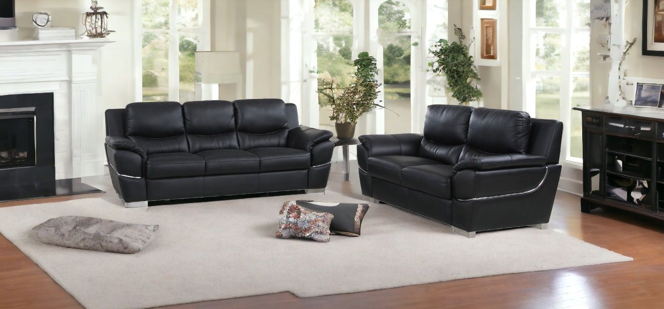 2 Piece Indoor Genuine Leather Five Person Seating Set - Black