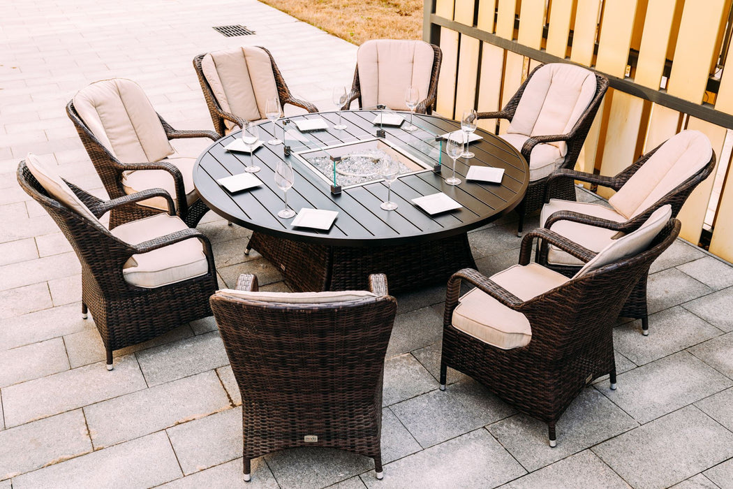 Wicker Round Outdoor Fire Pit Dining Set With 8 Chairs - Brown