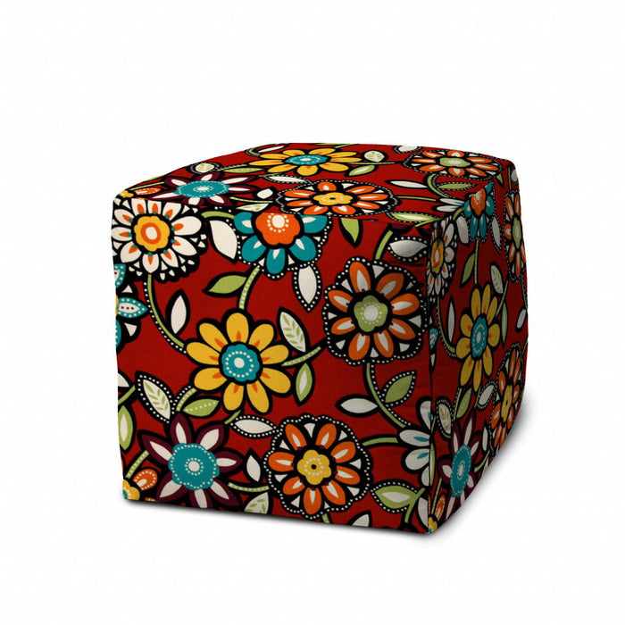 Polyester Cube Floral Indoor Outdoor Pouf Cover - Red