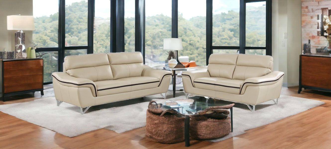 2 Piece Five Person Seating Set Indoor Genuine Leather - Beige