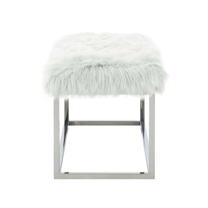 Upholstered Faux Fur Bench - White / Silver