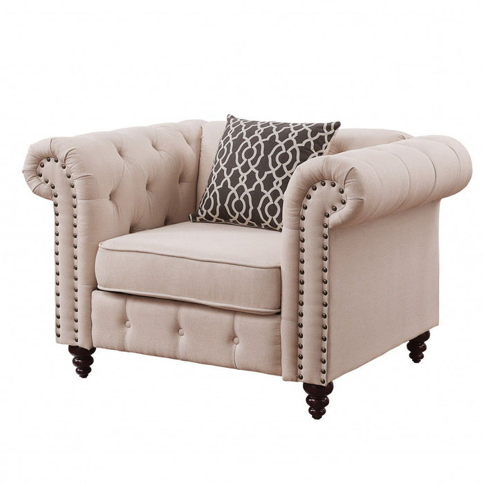 Linen And Black Tufted Chesterfield Chair - Beige