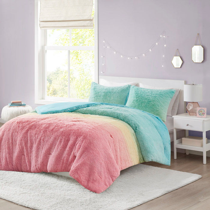 Primrose - Ombre Shaggy Faux Fur Twin Comforter Set - Aqua Multi