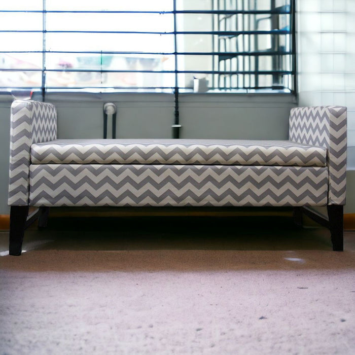 Upholstered Polyester Blend Geometric Bench With Flip Top - Gray / White / Black