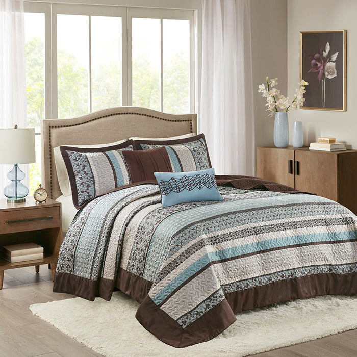 Princeton - 5 Piece Reversible Jacquard Bedspread Set - Blue