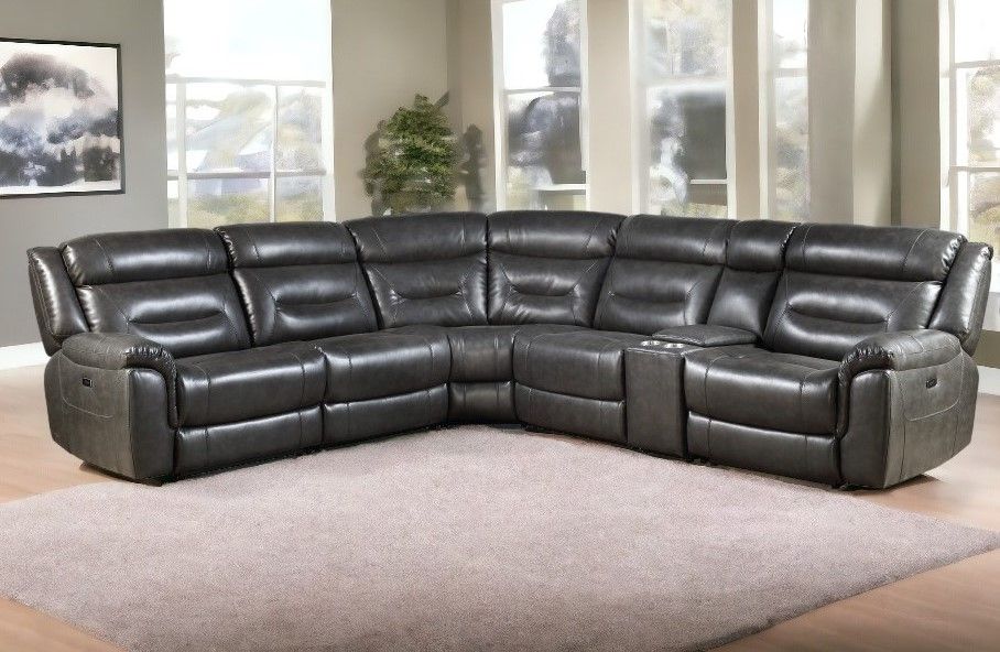 Faux Leather L Shaped Power Reclining Six Piece Corner Sectional With Console - Gray