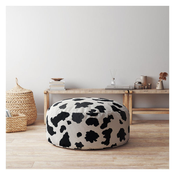 Twill Round Animal Print Pouf Ottoman - Black / White