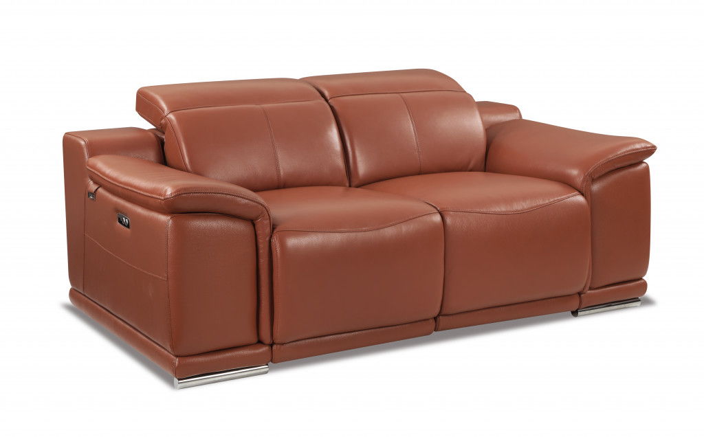 Italian Leather Power Reclining Love Seat - Camel / Silver