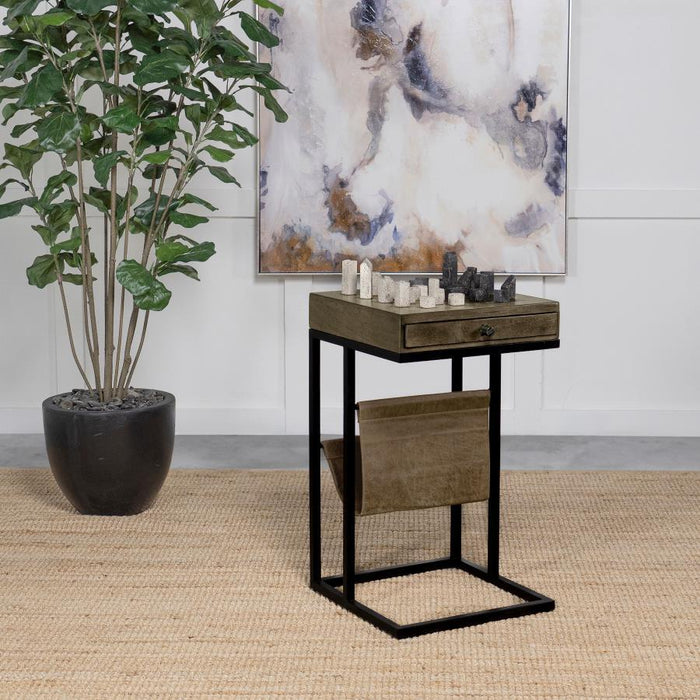 Chessie - 1-Drawer Square Side Table With Leatherette Sling - Tobacco And Black - Simple Home Plus