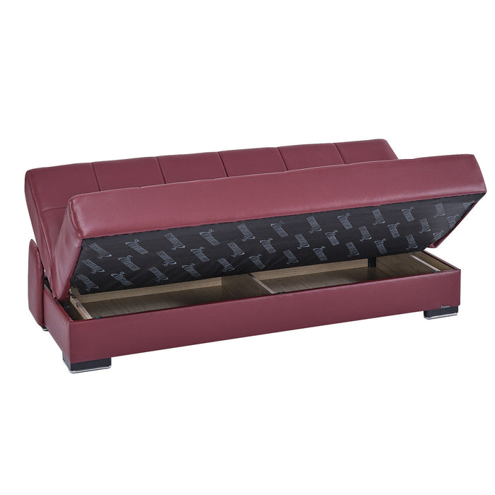 Faux Leather Convertible Futon Sleeper Sofa And Toss Pillows With Brown Legs - Burgundy