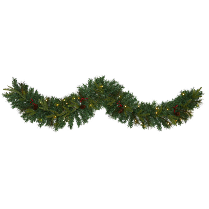 6 Mixed Pine Xmas Garland with 35 LEDs, Berries and Cones