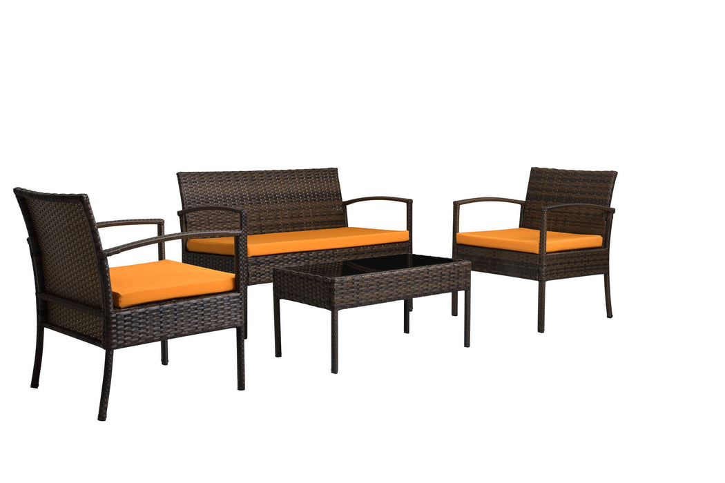 Four Piece Outdoor Wicker Sofa Seating Group With Orange Cushions - Dark Brown