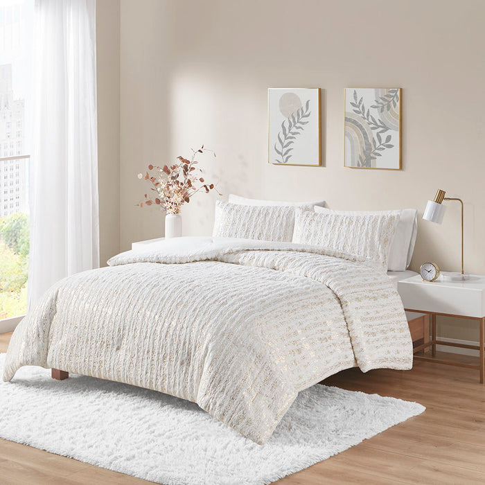 Naomi - King Metallic Print Faux Fur Comforter Set - White/Gold