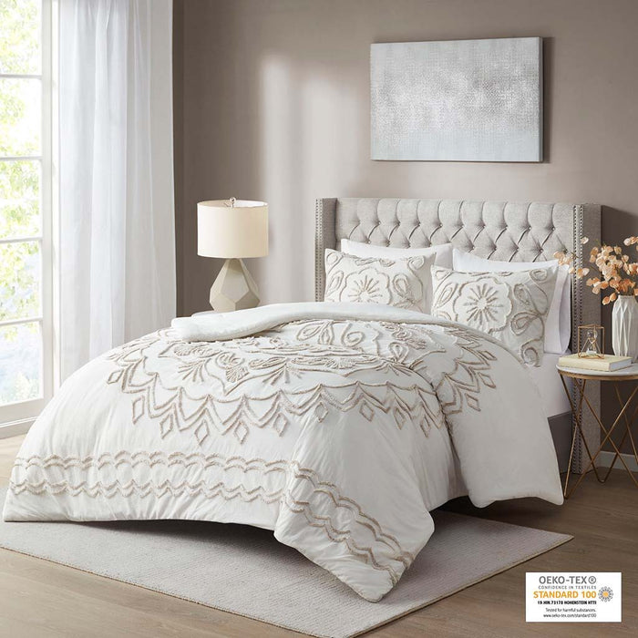 Violette - King 3 Piece Tufted Comforter Set - Ivory / Taupe