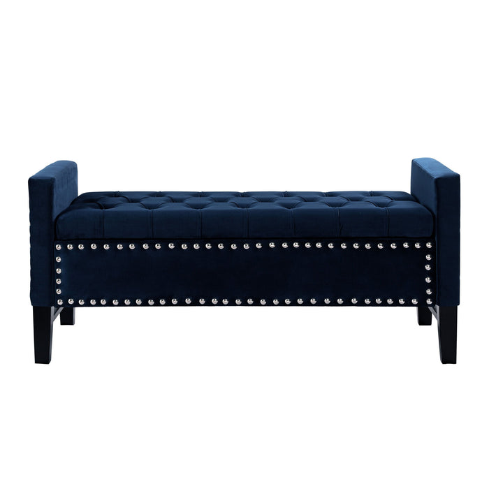 Velvet Upholstered Bench With Flip Top - Navy Blue / Black