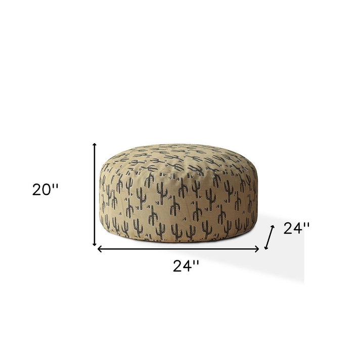 Cotton Round Floral Pouf Ottoman - Beige