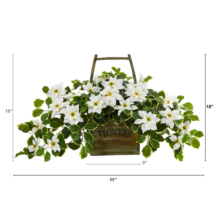 18" Poinsettia and Holly Plant in Basket (Real Touch)