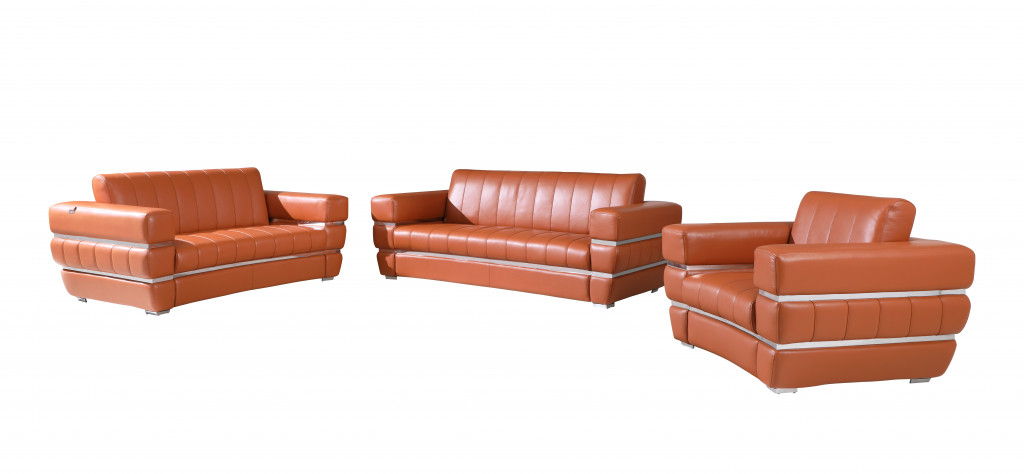 Three Piece Italian Leather Six Person Seating Set Indoor - Camel