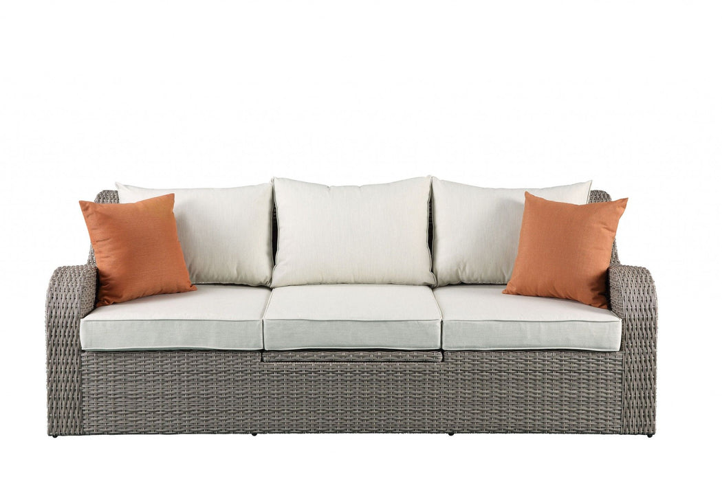 Three Piece Outdoor Wicker Sectional Seating Group With Beige Cushions - Gray