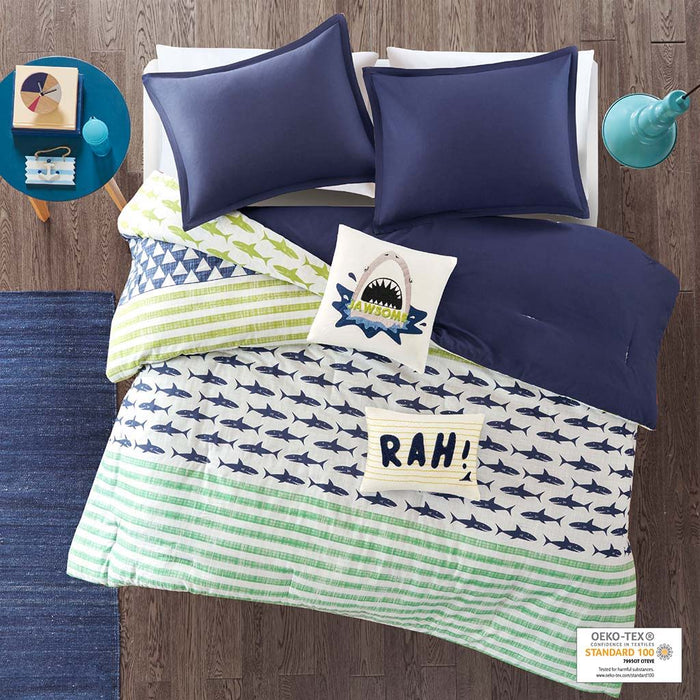 Finn - Twin Shark Comforter Set - Green / Navy