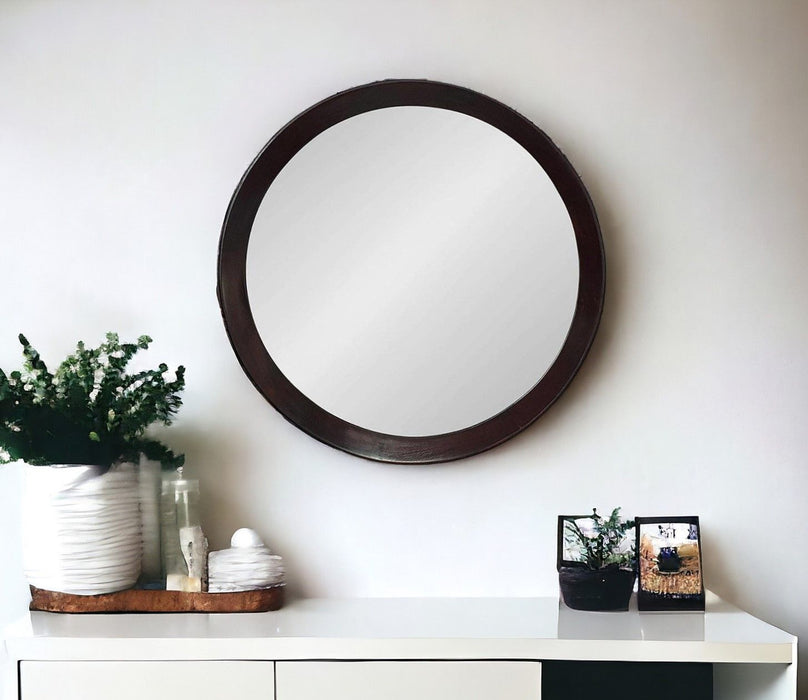 20" Round Framed Accent Mirror - Dark Brown