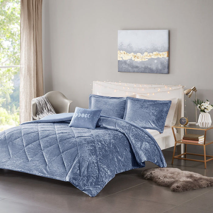 Felicia - Velvet Twin Duvet Cover Set With Throw Pillow - Blue