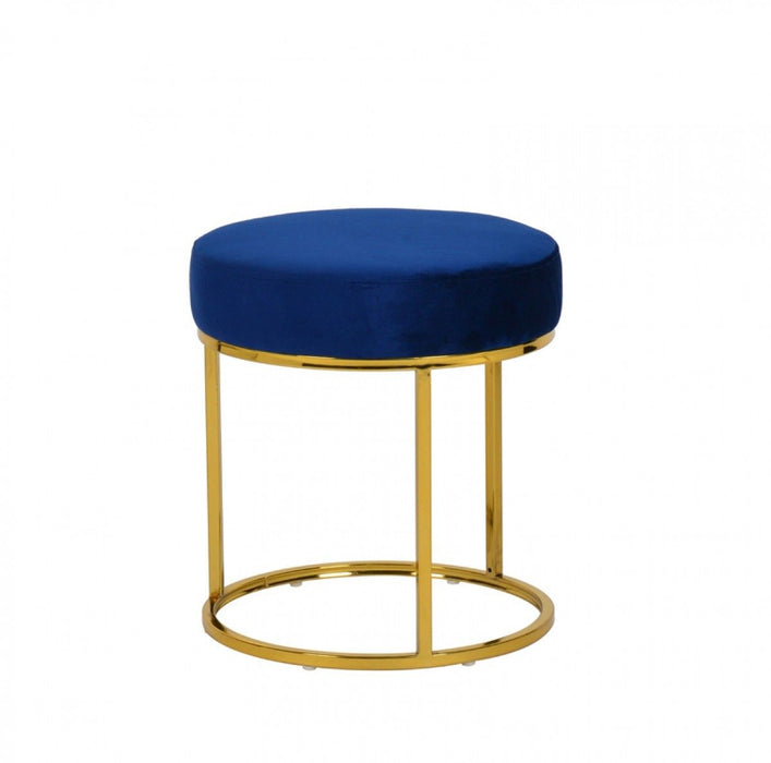 Velvet Round Footstool Ottoman - Blue / Gold