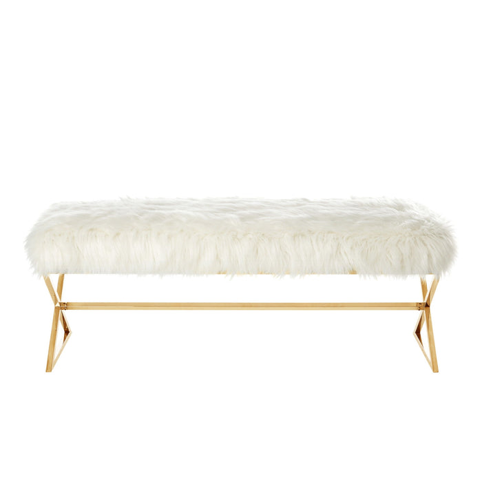 Upholstered Bench Faux Fur - White / Gold