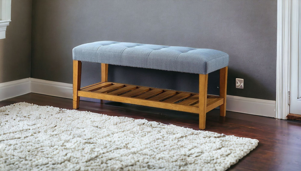 Upholstered Polyester Bench With Shelves - Blue / Brown