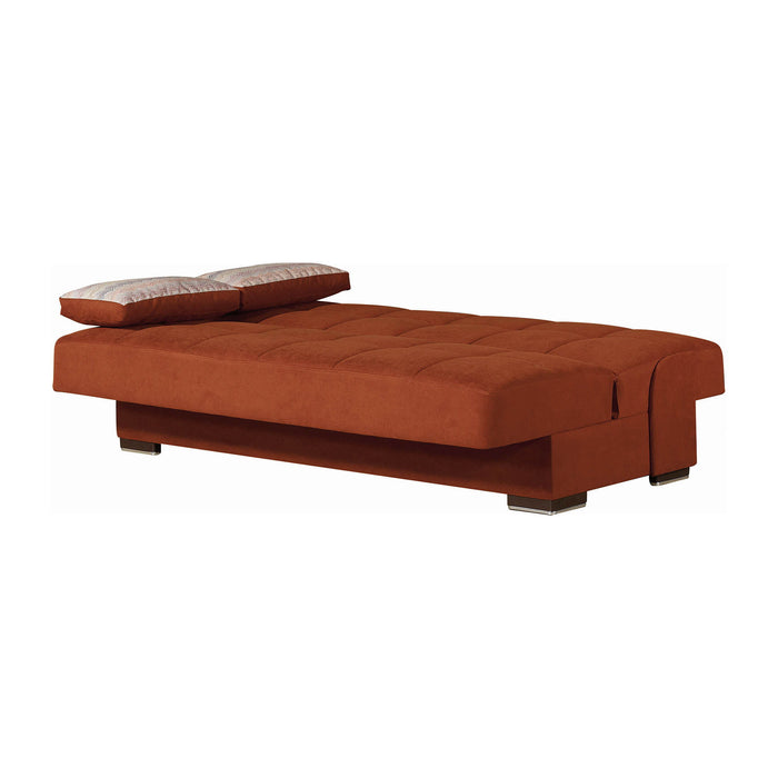 Chenille Sleeper Sofa And Toss Pillows With Brown Legs - Red