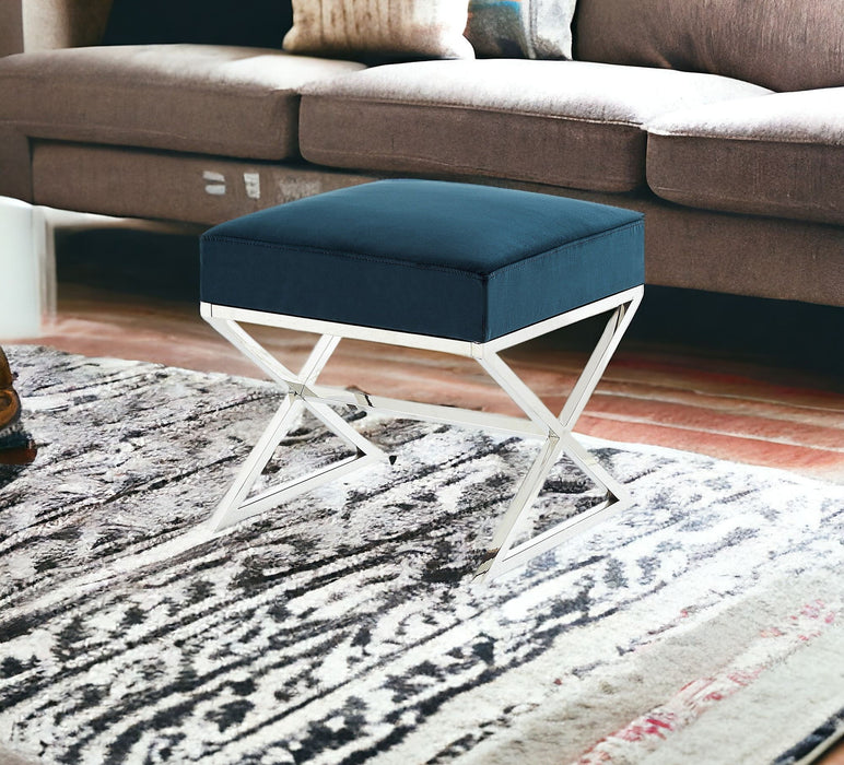 Velvet Ottoman - Navy Blue / Silver