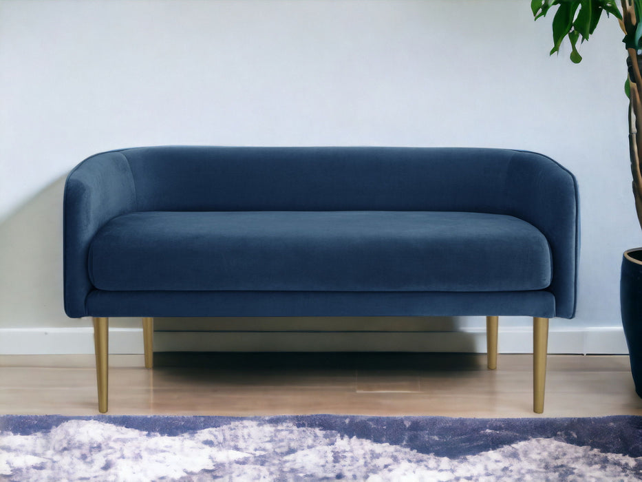 Velvet Upholstered Bench - Navy Blue / Brown