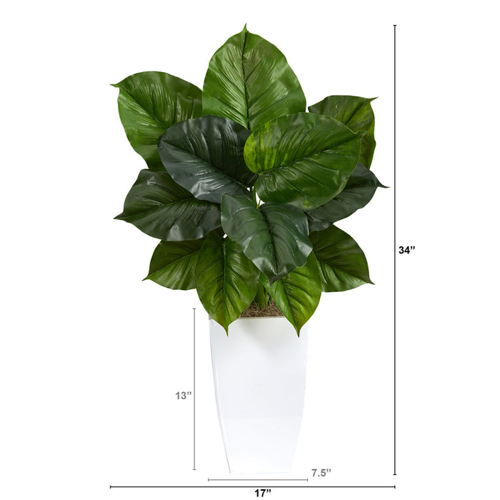 34" Large Philodendron Leaf Plant in White Metal Planter