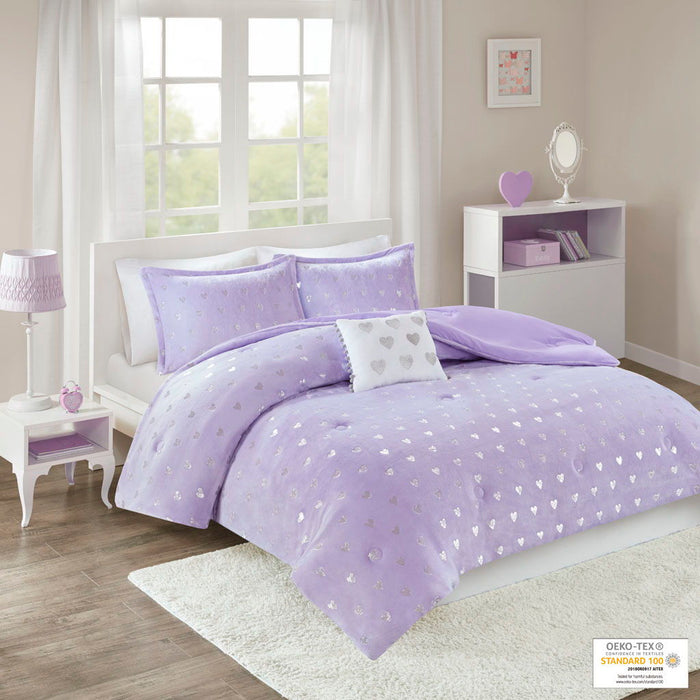 Rosalie - Twin Metallic Printed Comforter Set - Purple / Silver