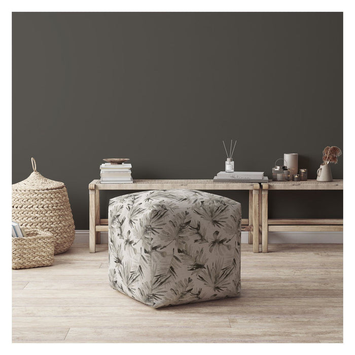 Cotton, Floral Pouf Ottoman - Beige